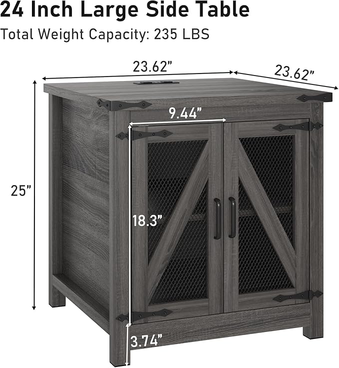 Farmhouse End Table, 24" Large Sofa Side Table with Charging Station, Mesh Barn Door, and Adjustable Storage Shelf, Rustic Wood Square Nightstand for Living Room, Bedroom, Office, Grey-Ruum Studio Home