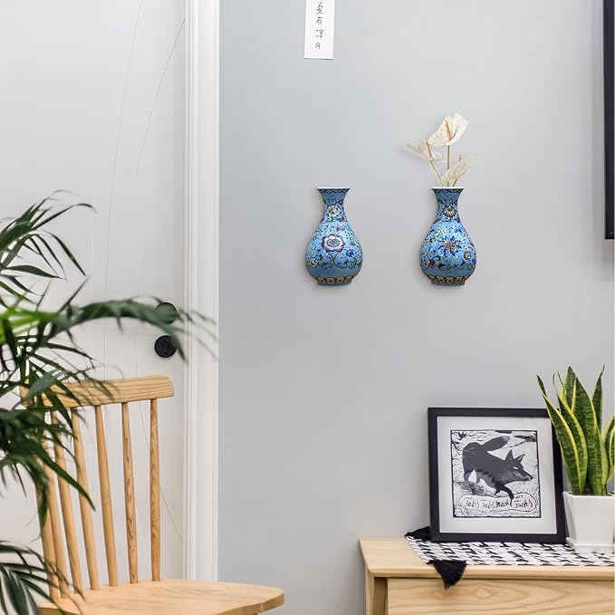 Set of Two Handmade Chinese Blue & White Porcelain Wall Mounted Vases – Chinoiserie Ceramic Flower Vase for Indoor Home Décor, Wall Hanging Vases for Living Room & Bookshelf-Ruum Studio Home