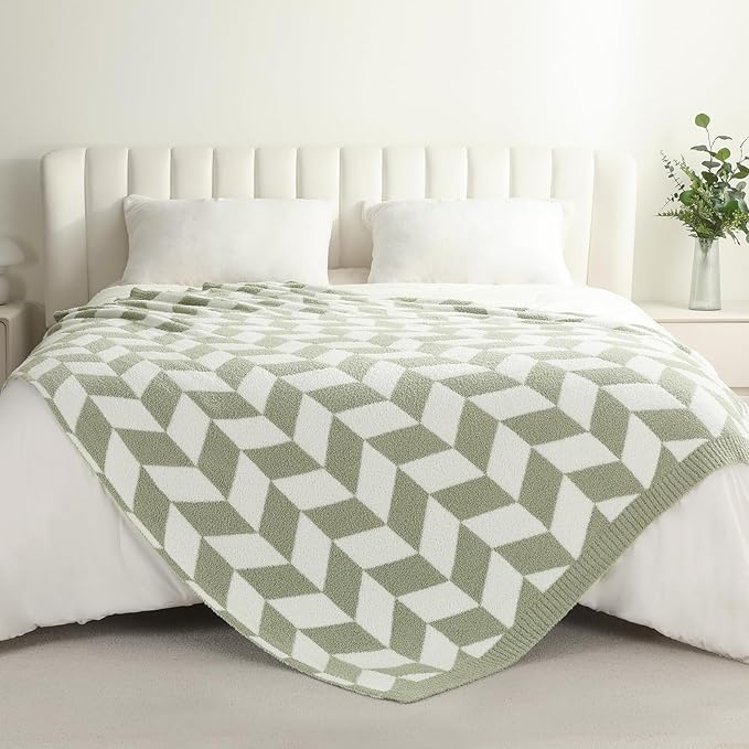 Snuggle Sac Sage Green Bedding Blankets Twin Size, Super Soft Warm Blankets Oversized Cozy Knit Fuzzy Blanket for Living Room, Chevron Green,60x80 inches-Ruum Studio Home