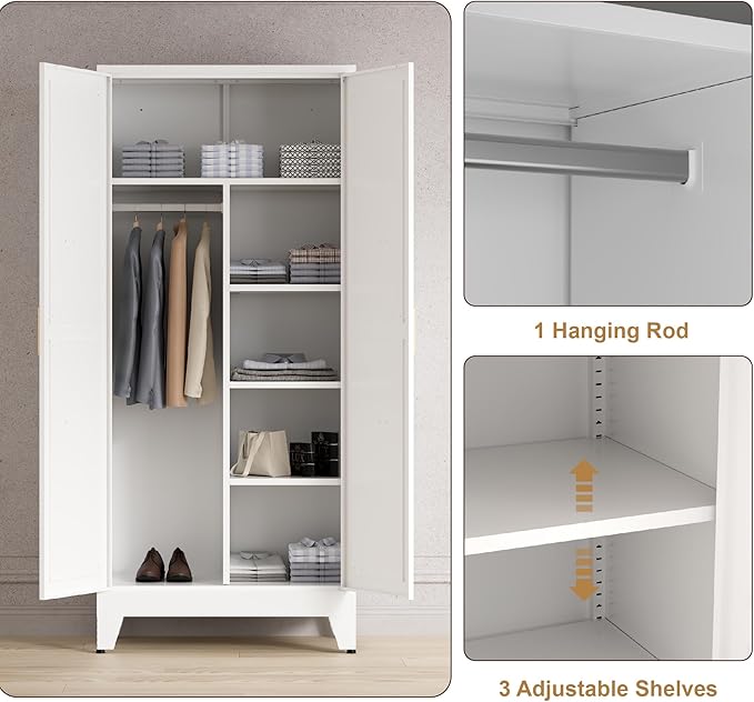 71'' Farmhouse Metal Wardrobe Cabinet with Hanging Rod, 2 Barn Door Wardrobe Closet with 5 Adjustable Shelves,Drawer,for Dining Room,Bedroom,Living Room, Cloak Room,Office (White)-Ruum Studio Home