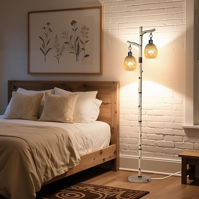 Scenekoy Retro 68.5” Tall Floor Lamp With Carving Shade, Farmhouse Resin Standing Lamp & Faux Birch Tree Finish, Dimmable Corner Lamp Stand Up Light with Bulb Prefer for Living Room Bedroom Home Decor-Ruum Studio Home