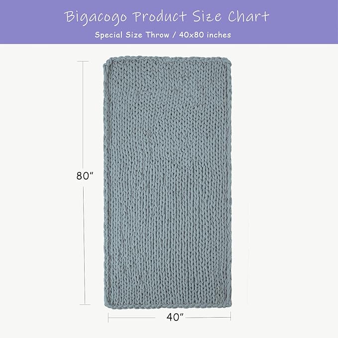 Bigacogo Chunky Knit Throw Blanket for Couch, 40x80 inches, 100% Hand Knitted with Thick Jumbo Chenille Yarn, Cozy Soft Large Rope Knot Cable Crochet Blankets for Sofa Bed Living Room, Dusty Blue-Ruum Studio Home