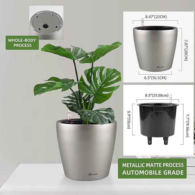 Dexceder 9x8 Inches Self Watering Planter Metallic Matte Indoor Outdoor, Inner Pot Design, Thickened Table Flower Plant Pot with Water Level Indicator (Smoky Gray)-Ruum Studio Home
