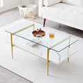 Rectangle Coffee Table for Living Room, Mid-Century Modern Design, L41 x W21 x H17, 2-Tier Structure, Clear Glass Top and White Marble Finish Wood Shelf, Conical Legs with Gold Finish-Ruum Studio Home