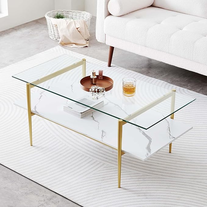 Rectangle Coffee Table for Living Room, Mid-Century Modern Design, L41 x W21 x H17, 2-Tier Structure, Clear Glass Top and White Marble Finish Wood Shelf, Conical Legs with Gold Finish-Ruum Studio Home