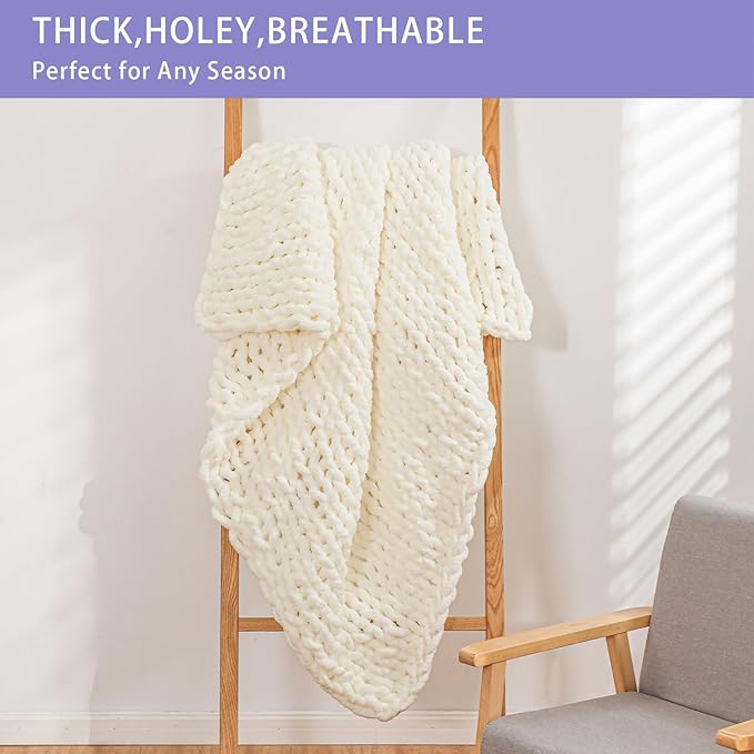 Bigacogo Chunky Knit Throw Blanket for Couch, 40x40 inches, 100% Hand Knitted with Thick Jumbo Chenille Yarn, Cozy Soft Large Rope Knot Cable Crochet Blankets for Sofa Bed Living Room, Ivory-Ruum Studio Home