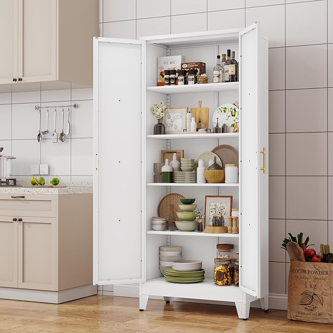 71" H Metal Kitchen Pantry Storage Cabinet, Freestanding Cupboard with 2 Doors and 4 Adjustable Shelves, Standing Storage for Kitchen, Bathroom, Garage, Dinning Room or Utility Room（White）-Ruum Studio Home