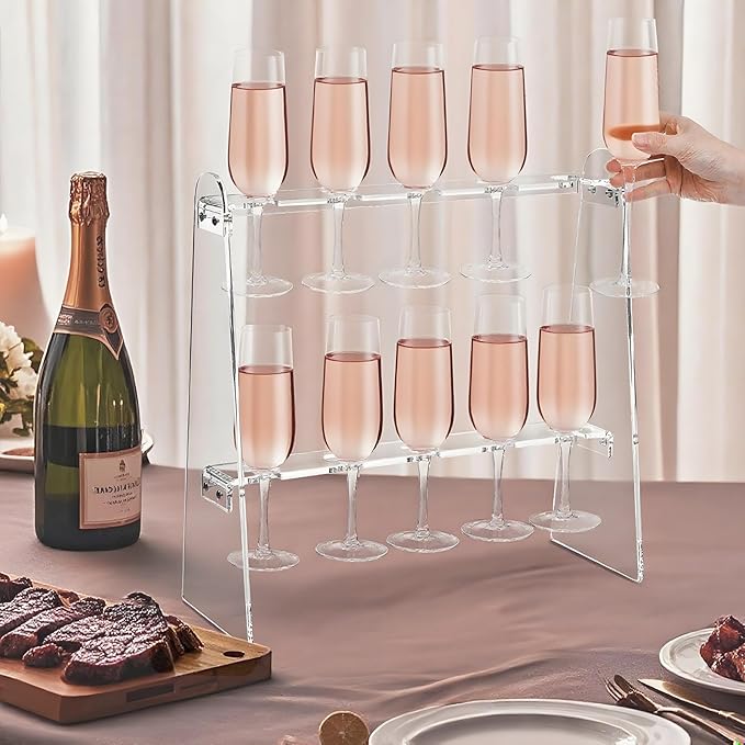 Tosnail 2-Tier Champagne Flute Glass Holder Stand, 10 Slots Champagne Flute Tabletop Stemware Hanging Display Rack for Party, Fits Up to 9 Inch Glasses-Ruum Studio Home