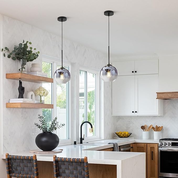 KCO Lighting Modern Black Globe Pendant Light Mercury Glass Ceiling Pendant Light Mid Century Silver Kitchen Pendant Lighting Over Island Dining Room Light Fixtures Over Table-Ruum Studio Home