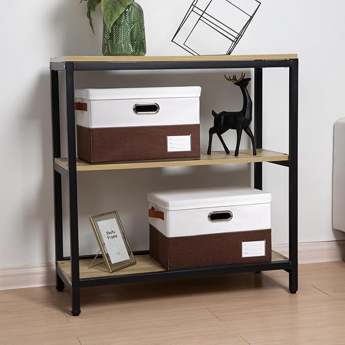 PRANDOM Foldable Storage Bins with Lids [3-Pack] Fabric Collapsible Storage Boxes Baskets Cubes Containers with Handles for Closet Living Room Bedroom (Brown & White 14.9x9.8x9.8'')-Ruum Studio Home
