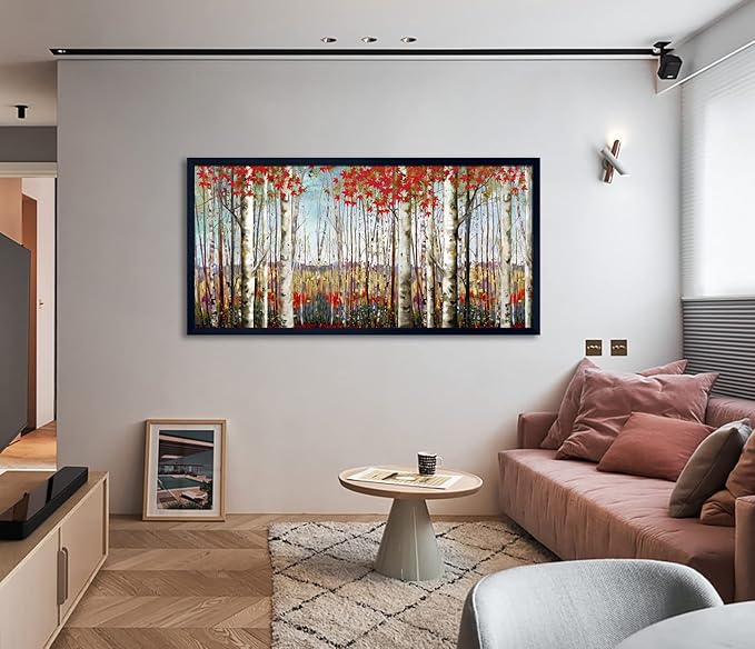 Large Framed Wall Art for Living Room Bedroom Modern Wall Decor of Red Leaves White Birch Tree Forest Giclee Painting Artwork Wall Decoration 29x58 Large Size Black Framed-Ruum Studio Home