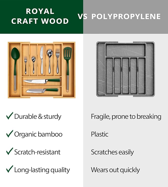 ROYAL CRAFT WOOD Luxury Bamboo Kitchen Drawer Organizer - Silverware Organizer, Utensil Holder & Cutlery Tray Drawer Dividers for Flatware (9 Slot, Natural)-Ruum Studio Home