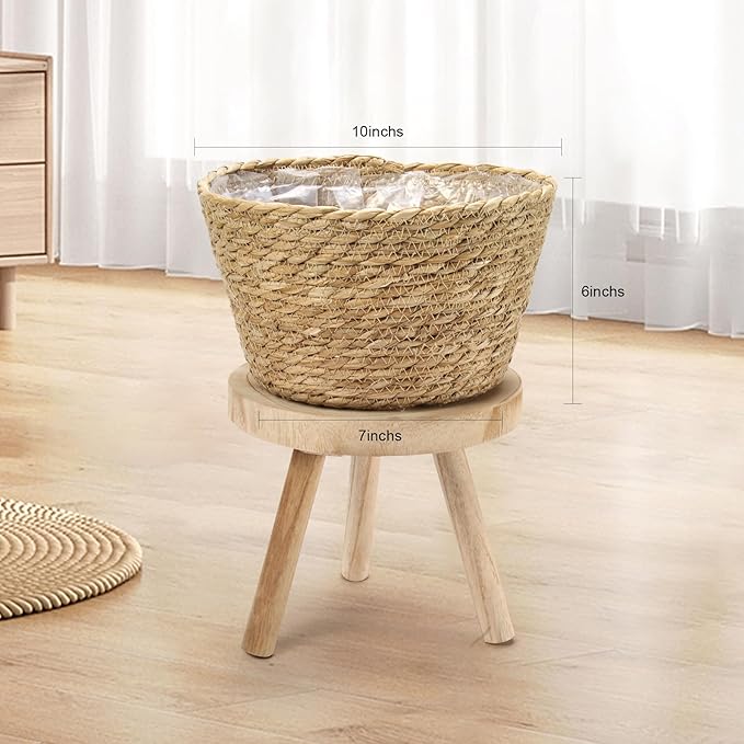 Athaliah Plant Basket Set of 3, Indoor Woven Planter Baskets with Plastic Liner, Water Hyacinth and Corn Husk Decorative Pots for Rustic Home & Floor Plant Decor (Natural Color-3)-Ruum Studio Home