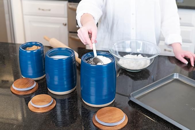 Nat & Jules Lidded Navy Blue 6 inch Ceramic and Wood Kitchen Canisters Set of 3-Ruum Studio Home