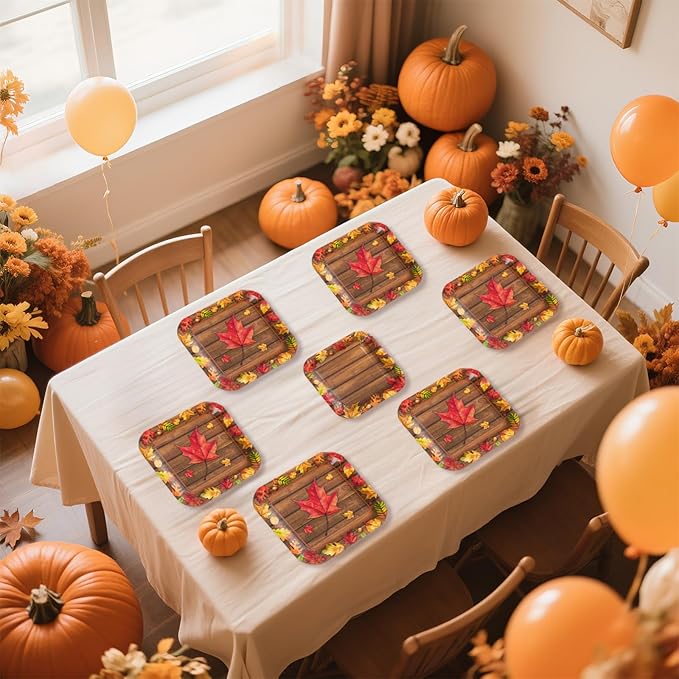 200Pcs Fall Party Decorations Watercolor Autumn Maple Leaves Paper Plates and Napkins Thanksgiving Wooden Grain Tableware Sets for Holiday Harvest Birthday Wedding Dinner Party Supplies Serves 50-Ruum Studio Home