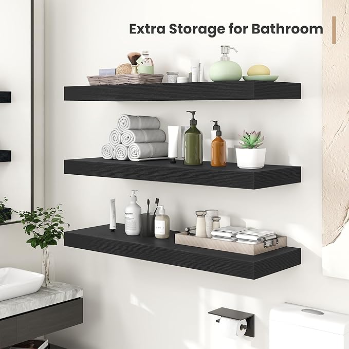 Heimlove 24 x 12 Inch Deep Floating Shelves Wall Mounted with Invisible Brackets,Storage Hanging Shelf for Wall Decor in Bathroom, Bedroom, Toilet, Kitchen, Living Room, Office Set of 2 (Black)-Ruum Studio Home