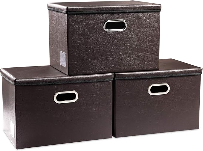 PRANDOM Collapsible Storage Bins with Lids [3-Pack] Leather Fabric Foldable Storage Boxes Organizer Containers Baskets Cube with Cover for Bedroom Closet Office Nursery Brown (14.9x10.8x10)-Ruum Studio Home