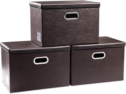 PRANDOM Collapsible Storage Bins with Lids [3-Pack] Leather Fabric Foldable Storage Boxes Organizer Containers Baskets Cube with Cover for Bedroom Closet Office Nursery Brown (14.9x10.8x10)-Ruum Studio Home