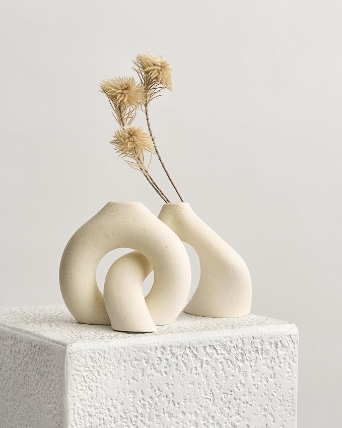 NOBULA White Ceramic Donut Vases – Modern Home Decor for Living Room, Bedroom & Table Centerpiece - Minimalist Nordic – Unique Vases for Olive Plant & Flowers – Decorative Coffee Table Vase Set of 2-Ruum Studio Home