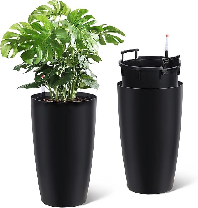 22" Tall Round Planter Set of 2, Self Watering Pots for Indoor Plants, Large Flower Pot Outdoor with Built-in Drainage and a Water Level Monitor, for Patio, Porch, Living Room, or Home Office, Black-Ruum Studio Home