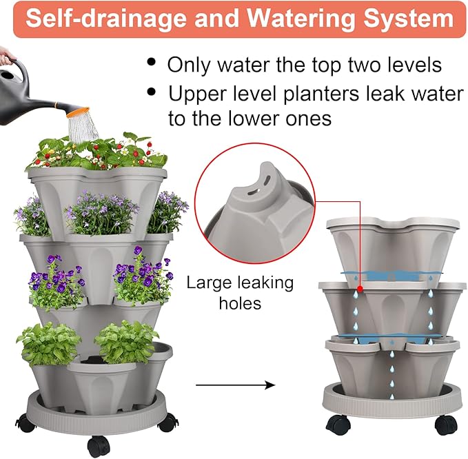 Vertical Planter 4 Tier Stackable Planters Garden Planters Strawberry Herb Flower and Vegetable Planter Indoor Outdoor Gardening Pots with Removable Wheels and Tools 2-Pack-Ruum Studio Home