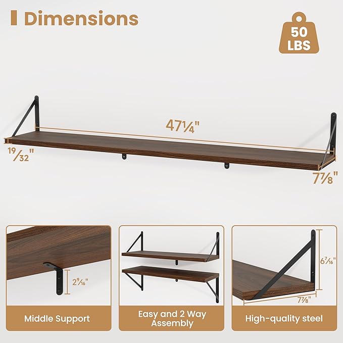 Heimlove 48 Inch Large Floating Bookshelves Set of 3,Wall Mounted Bookshelves,Heavy Duty Wooden Shelves for Living Room,Bedroom,Kitchen,Laundry Room Storage & Decor-Walnut Color-Ruum Studio Home