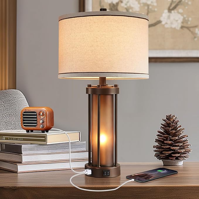 Farmhouse Table Lamps for Living Room with 2 USB Charging Ports, Vintage Rustic Nightstand Lamp with Amber Glass Nightlight, Retro Desk Lamp for Bedroom Entryway, 2 Bulbs Included-Ruum Studio Home
