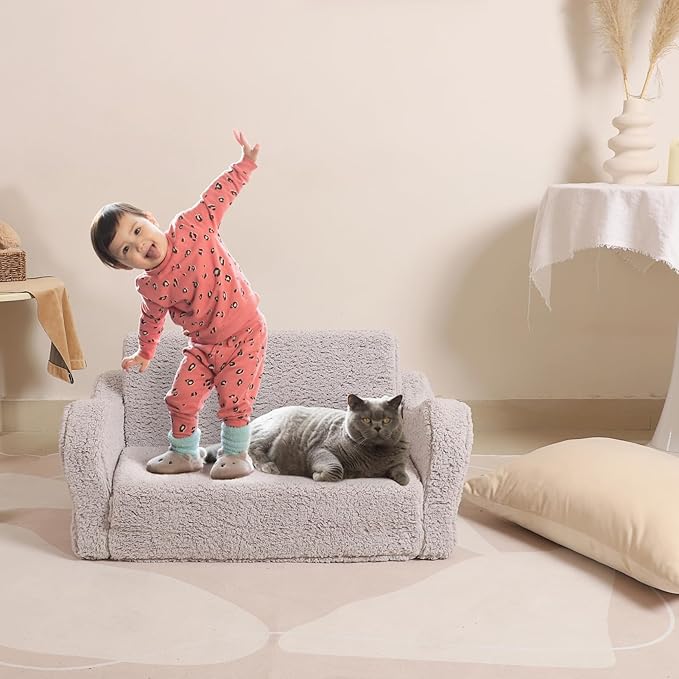 Kids Extra Wide Chairs for Toddler, 2-in-1 Toddler Soft Sherpa Couch Fold Out, Convertible Sofa to Lounger for Girls and Boys, Grey-Ruum Studio Home