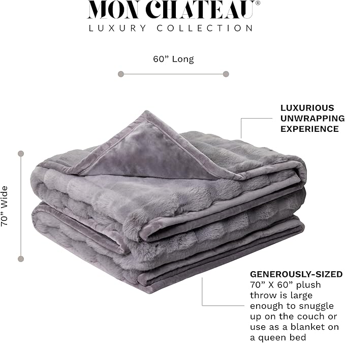 Mon Chateau 60" x 70" Faux Fur Throw Blanket - Reversible Soft Blanket for Queen-Size Bed, Couch, or Sofa, Cozy Home Decor and Stylish Living Room Comfort in Grey-Ruum Studio Home