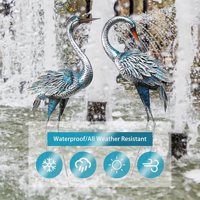 Crane Decor Statues, Blue Heron Garden Statues Metal Yard Art Outdoor Decoy, Garden Sculptures for Yard/Lawn/Pond/Outdoor Decoration, Set of 2-Ruum Studio Home