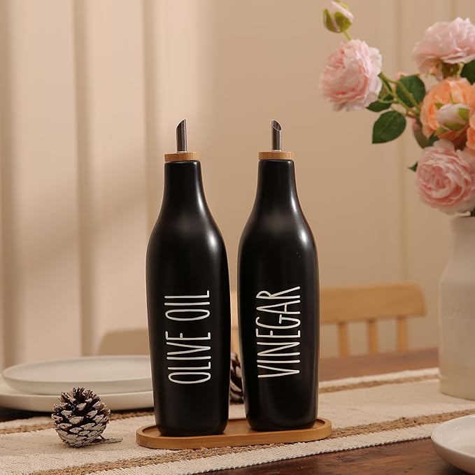 HOMCDALY Olive Oil and Vinegar Dispenser Set, Ceramic Oil and Vinegar Bottles with Bamboo Tray, 16.9oz Kitchen Cruet - Set of 2 - Black-Ruum Studio Home