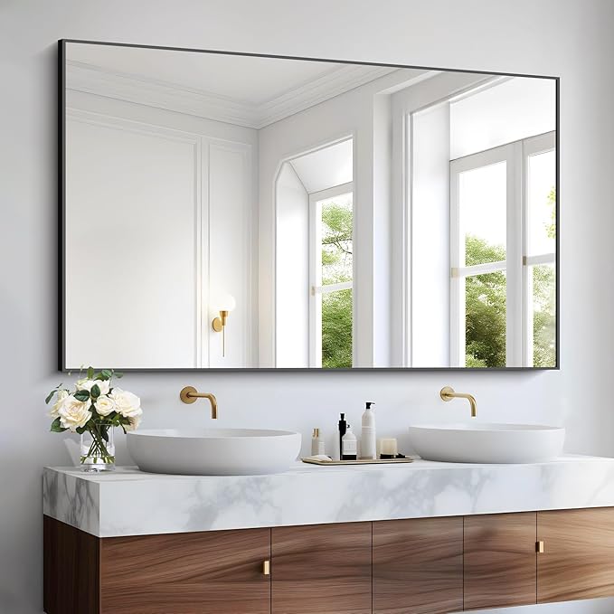Bathroom Black Mirror, 36x55in Black Rectangle Mirror with Thin Metal Frame, Large Rectangular Wall Mirror for Bathroom, Living Room, Hair Salon, Big Farmhouse Mirror Hang Horizontal/Vertical-Ruum Studio Home