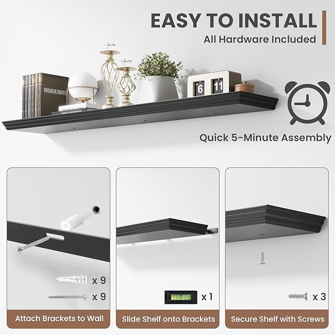 Floating Shelves for Wall, 55 Inch Long Wall Mounted Black Hanging Shelf for Kitchen, Living Room, Office, Bedroom, Bathroom, Retro Vintage Wood Bookshelf for House Decor-Ruum Studio Home