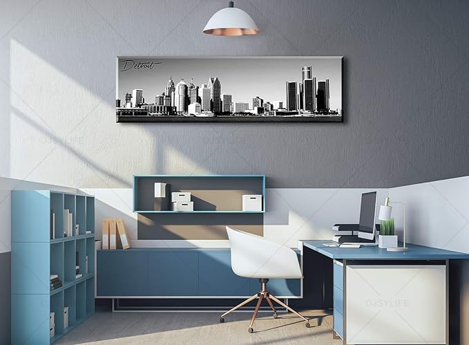 DJSYLIFE Detroit Skyline Wall Art Black and White Canvas Prints USA Skyscraper Panoramic Cityscape Picture for Bedroom Office Home Decoration Ready to Hang 13.8" x 47.3"-Ruum Studio Home