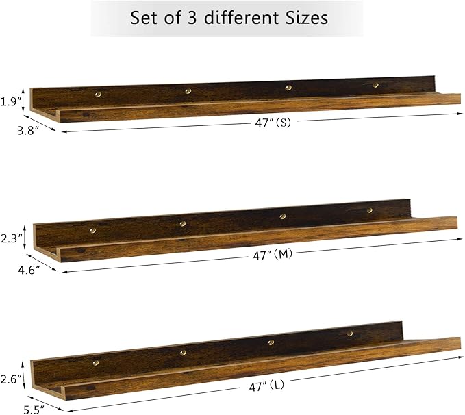 Giftgarden 47 Inch Long Floating Shelves for Wall, Rustic Picture Ledge Large Shelf for Living Room Bedroom Bathroom Kitchen, Set of 3 Different Sizes-Ruum Studio Home