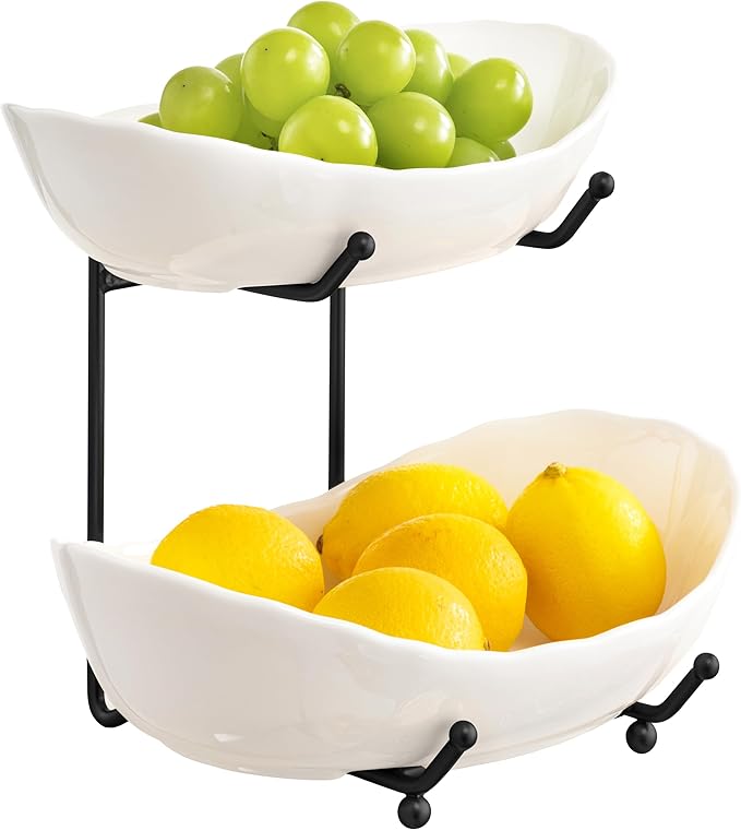 HBlife Fruit Bowl for Kitchen Counter - 2 Tier Ceramic Fruit Rack, Fruit Basket for Fresh Fruit&Veggies, Tiered Fruit Platter Serving Trays for Party-Ruum Studio Home