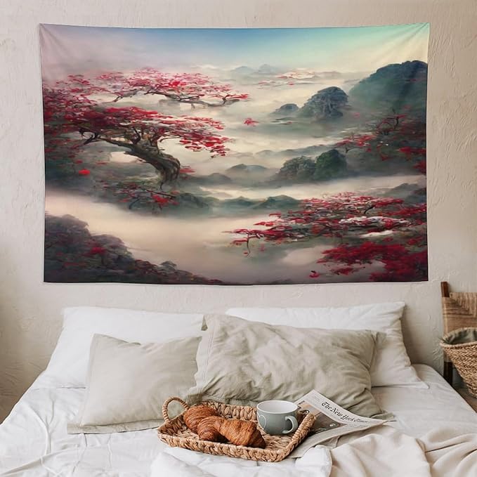 Japanese Tapestry, Red Plum Cherry Blossom Mountain Tapestry, Asian Japanese Wall Tapestry, Nature Landscape Tapestries for Bedroom Living Room Decor 90"x60"-Ruum Studio Home