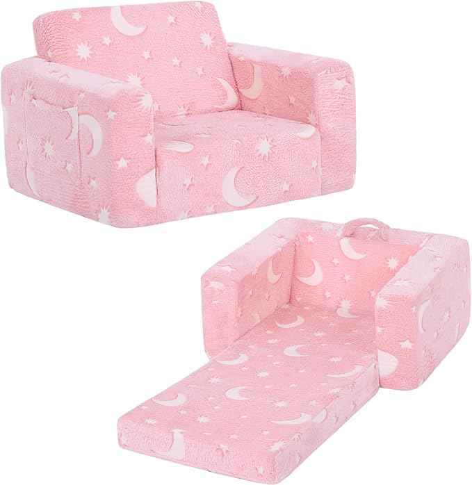 Welnow 2-in-1 Kids Sofa Chair, Glow in The Dark Convertible Toddler Chair Flip Out Children Sofa Chair Folding Kids Play Sofa with Side Pockets & Removable Cover Armrest Chair for Girl or Boy-Ruum Studio Home
