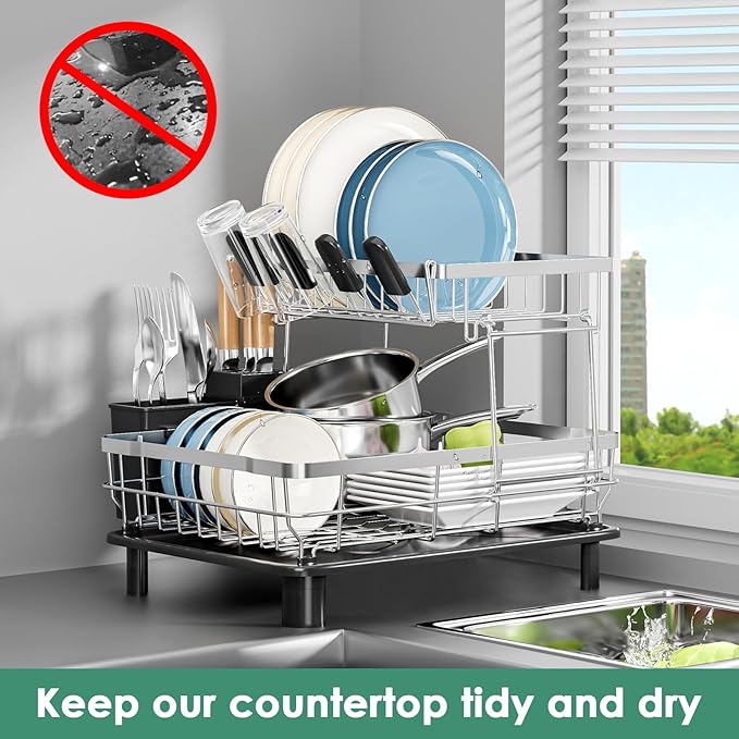 MOUKABAL Dish Drying Rack - 2 Tier Stainless Steel Dish Rack, Dish Racks for Kitchen Counter, Drying Rack Kitchen with Removable Utensil Holder and Drainboard (Black)-Ruum Studio Home