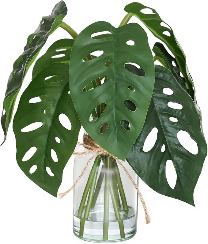 Artificial Flowers Turtle-Back, Alocasia Leaf, in Glass Vase with Faux Water,7Pcs Artificial Leaves Real Touch Latex Leaves for Centerpiece (1, Turtle-Back Leaf)-Ruum Studio Home