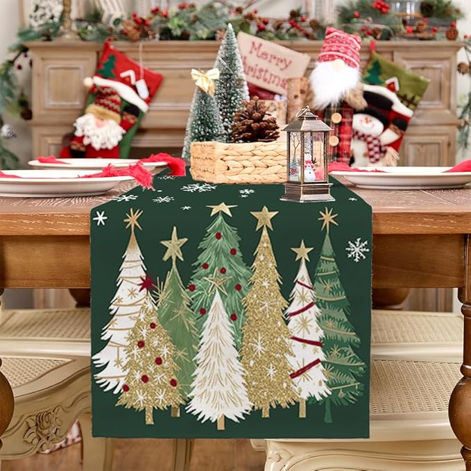 GEEORY Christmas Table Runner 13x48 Inch, Xmas Trees Snowflakes Holiday Decorative Farmhouse Table Decoration for Kitchen Dinning, Indoor Outdoor Dinner Party Decor (Green) GT152-48-Ruum Studio Home