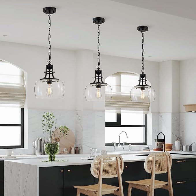 WUZUPS Chandelier Rustic Farmhouse Industrial Round Ceiling Pendant LED Light Fixture with Clear Glass Shades for Dining Room Kitchen Island Foyer Entryway, H 13" x W 10", E26 Base, Black-Ruum Studio Home