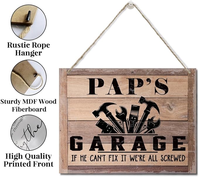 Rustic Sign, Father's Day Gift, Dad's Gift, Grandpa's Gift, Decor Hanging Wood Signs, Printed Wood Wall Art Sign, Pap's Garage, If He Can't Fix It We're All Screwed, Vintage Sign Gift for Grandpa-Ruum Studio Home