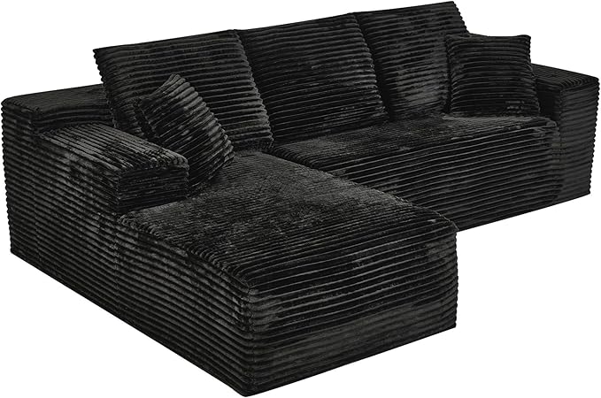 Modular Sectional Sofa Cloud Sectional Couch, 107" Comfy Fluffy L Shaped Black Couches for Living Room, Deep Seat Memory Foam Plush Corduroy Boneless Couch Sectionals with Left Facing Chaise Sofa-Ruum Studio Home