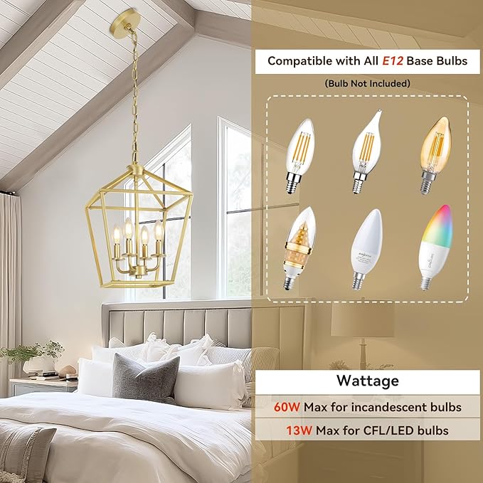 4 Light Gold Chandelier, Industrial Ceiling Light Lantern Light Fixtures with Farmhouse Metal Cage Adjustable Height Rustic Geometric Hanging Light E12 Base for Kitchen Island, Entryway, Indoor-Ruum Studio Home