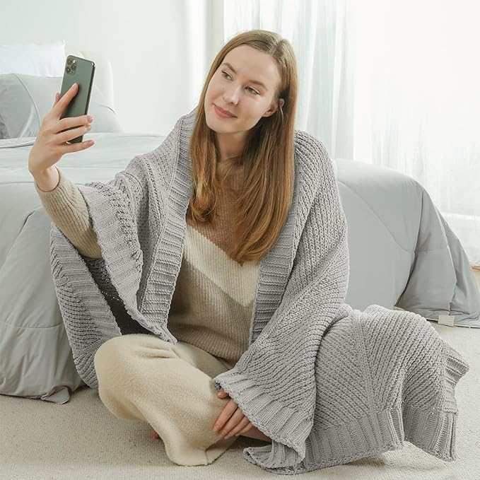 Amélie Home Chenille Knit Throw Blanket for Couch, Chevron Texture Decorative Soft Blanket for Sofa, Bed & Chair, 60"x80", Light Grey-Ruum Studio Home