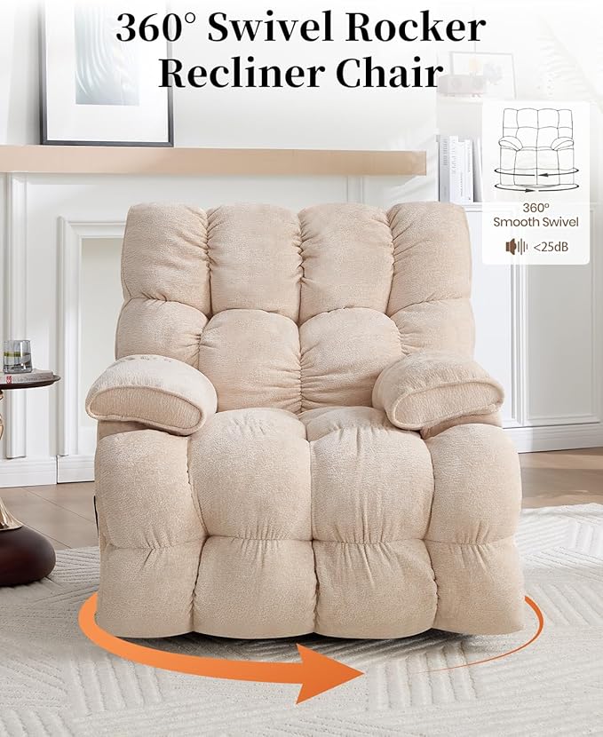 Oversized Recliner Chair Manual Swivel Rocker Recliner for Living Room Chenille Overstuffed Nursery Reclining Sofa Chair Rocking Recliners for Adults 400lbs (Manual, Beige)-Ruum Studio Home