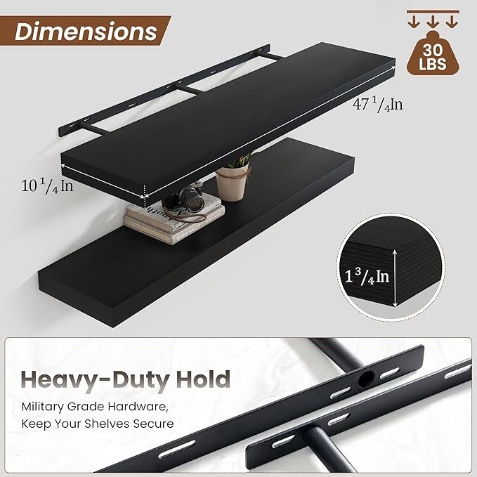Heimlove 48" Black Floating Shelves for Wall,10 Deep Rustic Wood Display & Storage Wall Shelves with Heavy Duty Brackets for Bathroom,Bedroom,Kitchen,Living Room,Office,Set of 2-Ruum Studio Home