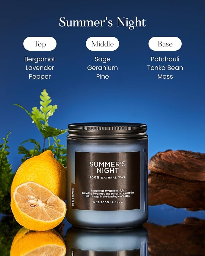 M&SENSE Summer's Night Scented Candle, All Natural Soy Wax Clean Non Toxic Manly Candle for Home, 7.05oz Up to 50 Hours Burn Time in Glass Jar for Bedroom-Ruum Studio Home