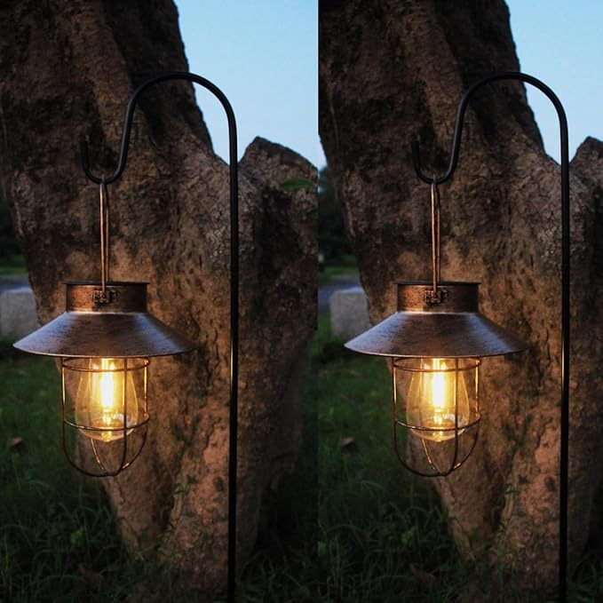 2 Pack Solar Lanterns, Outdoor Hanging Lights Metal with Shepherd Hook Warm White Edison Bulb Design for Garden and Birthday Gifts for Mom Grandma Wife ( Copper)-Ruum Studio Home